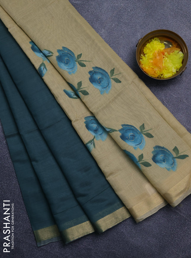 Linen cotton saree teal blue and sandal with plain body and hand painted pallu