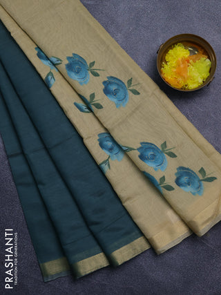 Linen cotton saree teal blue and sandal with plain body and hand painted pallu