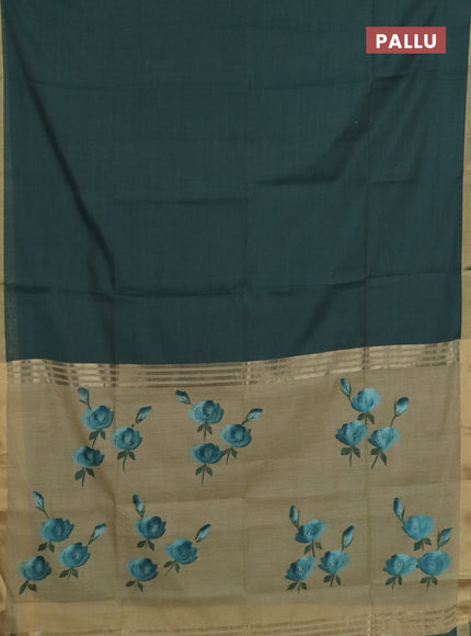 Linen cotton saree teal blue and sandal with plain body and hand painted pallu