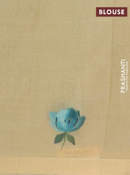 Linen cotton saree teal blue and sandal with plain body and hand painted pallu