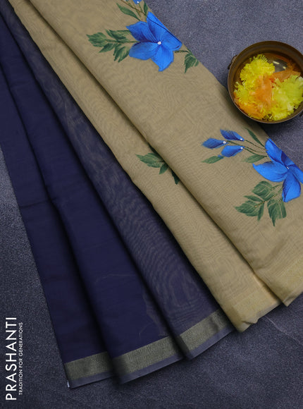 Linen cotton saree navy blue and sandal with plain body and hand painted pallu