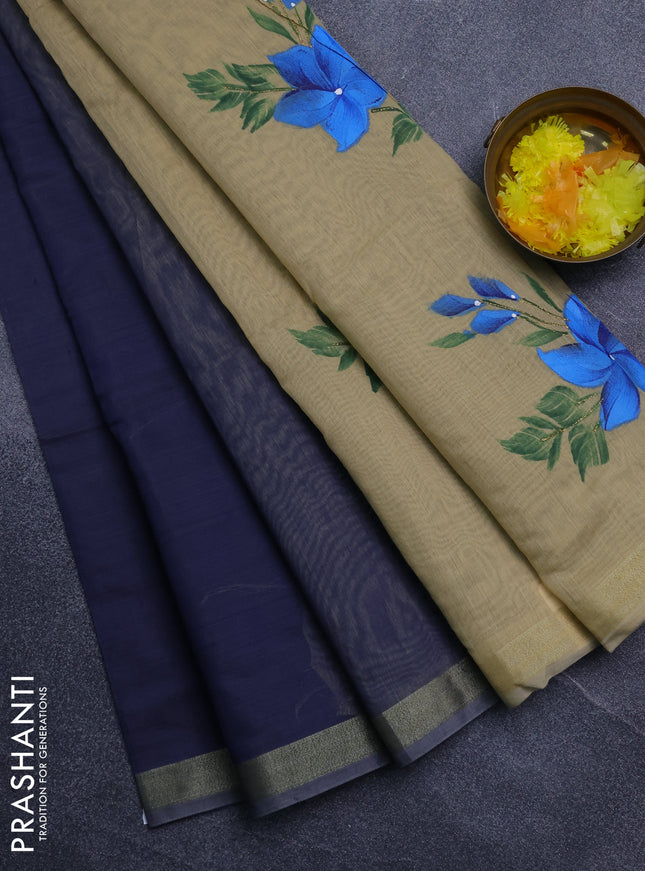 Linen cotton saree navy blue and sandal with plain body and hand painted pallu