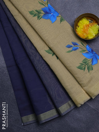 Linen cotton saree navy blue and sandal with plain body and hand painted pallu