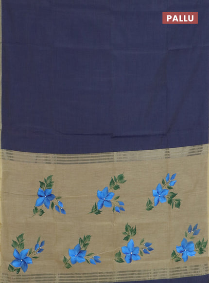 Linen cotton saree navy blue and sandal with plain body and hand painted pallu