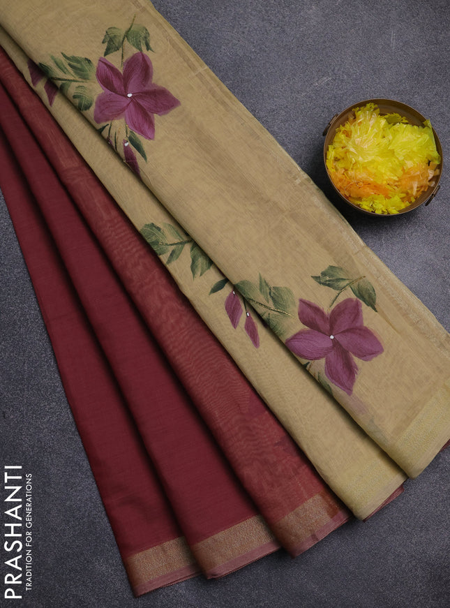 Linen cotton saree maroon and sandal with plain body and hand painted pallu