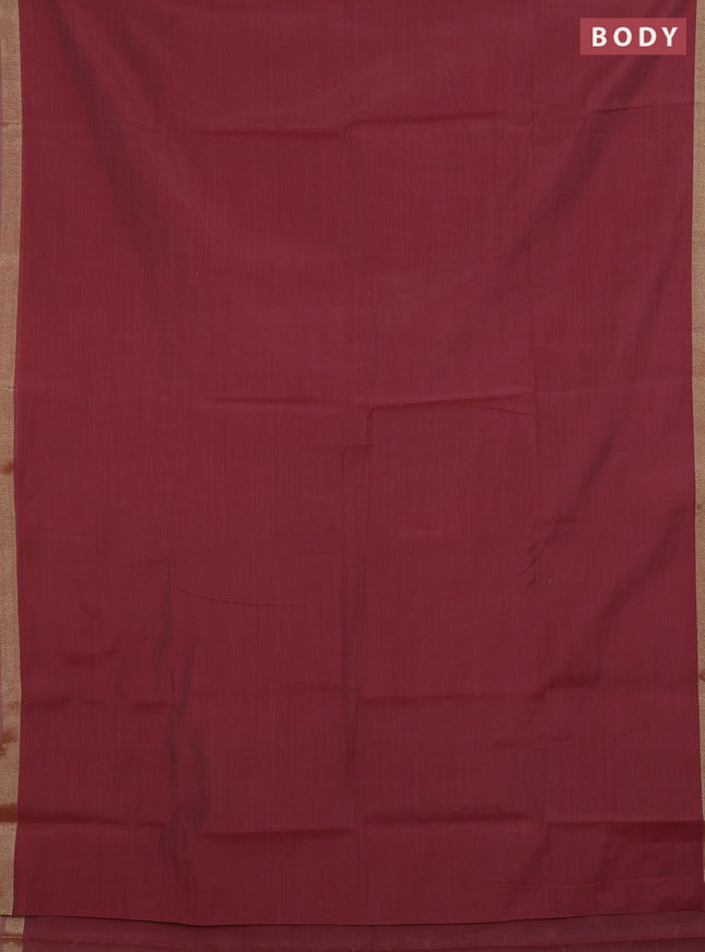 Linen cotton saree maroon and sandal with plain body and hand painted pallu