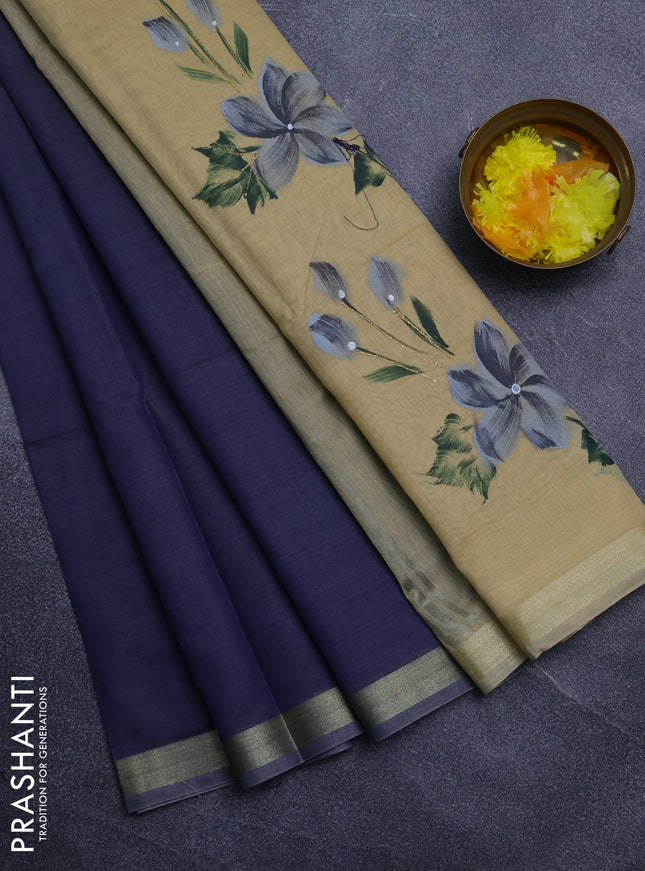 Linen cotton saree navy blue and sandal with plain body and hand painted pallu