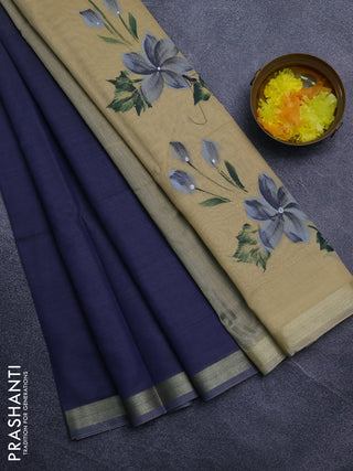 Linen cotton saree navy blue and sandal with plain body and hand painted pallu