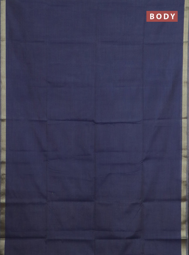 Linen cotton saree navy blue and sandal with plain body and hand painted pallu