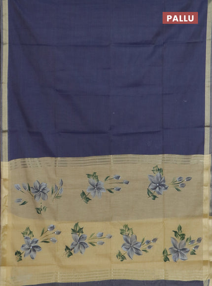 Linen cotton saree navy blue and sandal with plain body and hand painted pallu