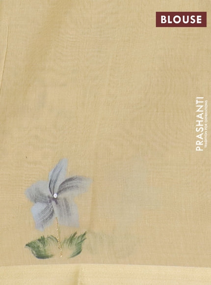 Linen cotton saree navy blue and sandal with plain body and hand painted pallu