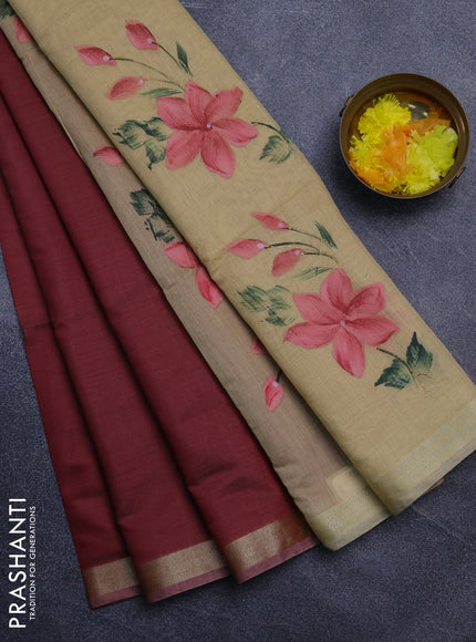 Linen cotton saree maroon and sandal with plain body and hand painted pallu