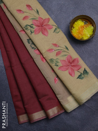 Linen cotton saree maroon and sandal with plain body and hand painted pallu
