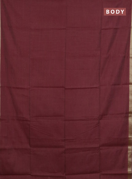Linen cotton saree maroon and sandal with plain body and hand painted pallu