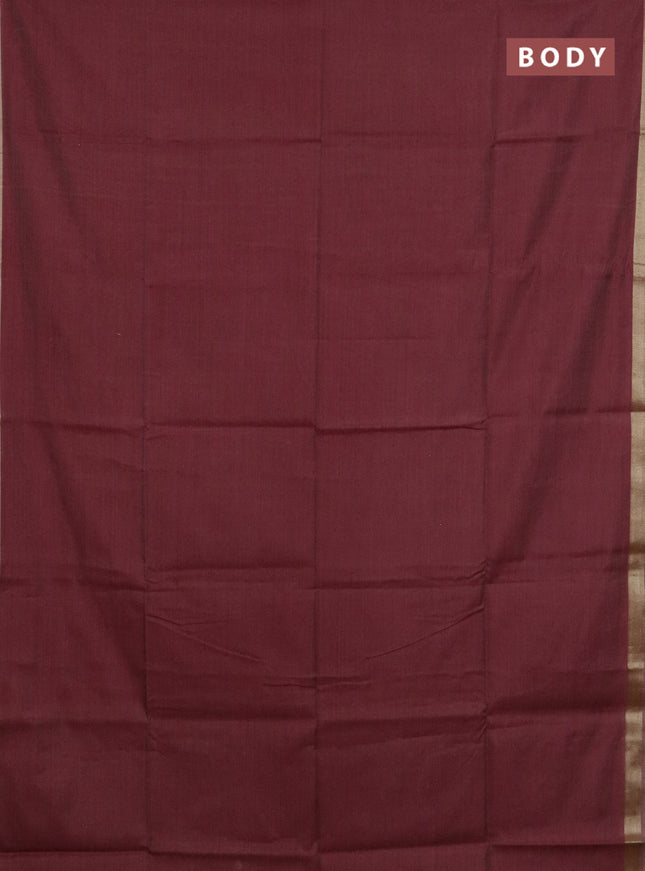 Linen cotton saree maroon and sandal with plain body and hand painted pallu