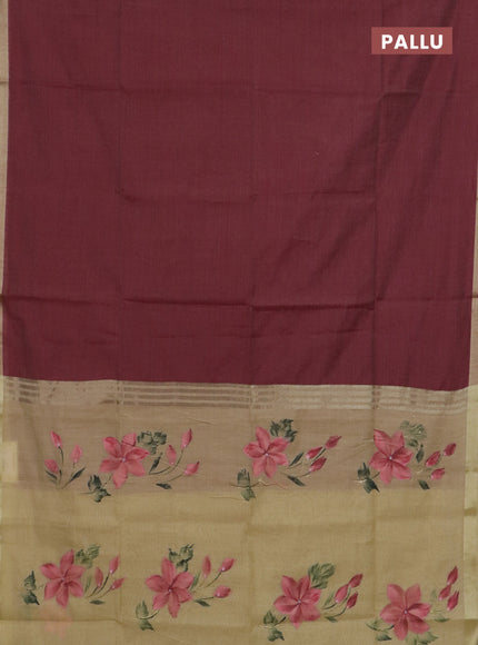 Linen cotton saree maroon and sandal with plain body and hand painted pallu