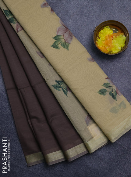 Linen cotton saree dark beige and sandal with plain body and hand painted pallu