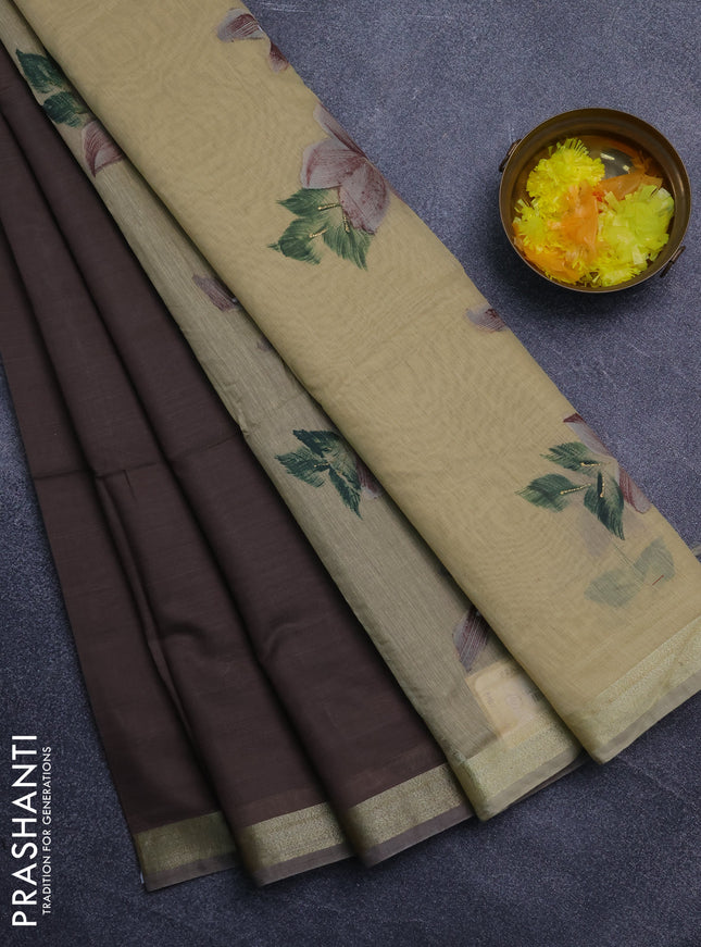 Linen cotton saree dark beige and sandal with plain body and hand painted pallu