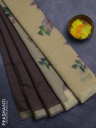 Linen cotton saree dark beige and sandal with plain body and hand painted pallu