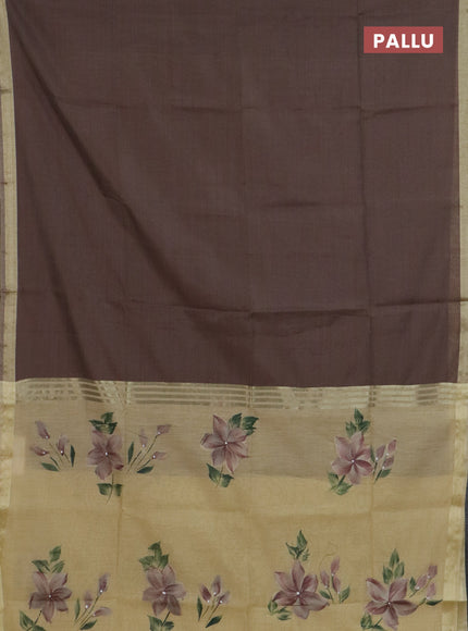 Linen cotton saree dark beige and sandal with plain body and hand painted pallu