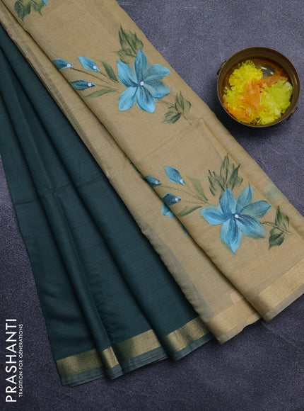 Linen cotton saree teal green and sandal with plain body and hand painted pallu