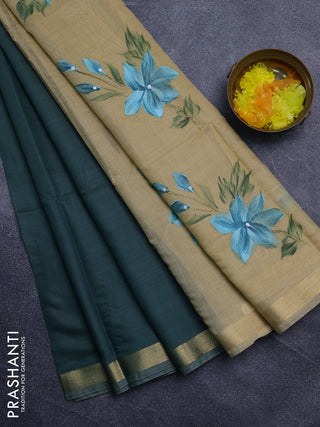Linen cotton saree teal green and sandal with plain body and hand painted pallu