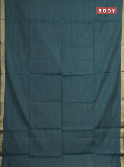 Linen cotton saree teal green and sandal with plain body and hand painted pallu