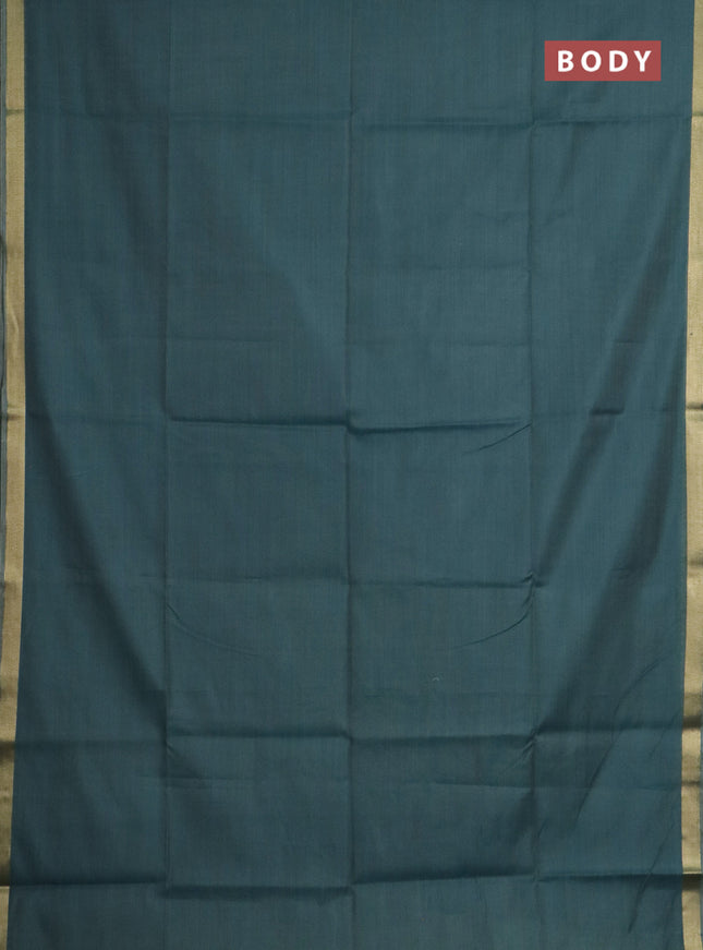 Linen cotton saree teal green and sandal with plain body and hand painted pallu