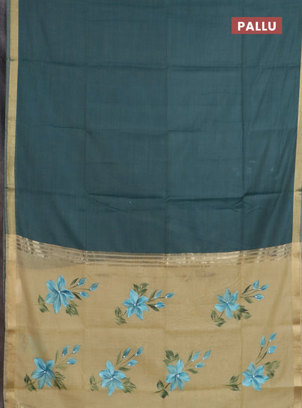 Linen cotton saree teal green and sandal with plain body and hand painted pallu
