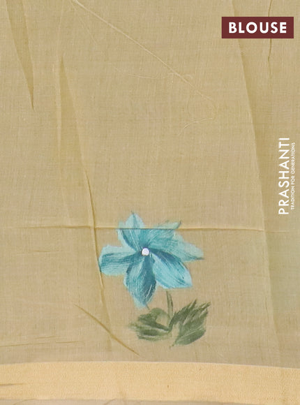 Linen cotton saree teal green and sandal with plain body and hand painted pallu