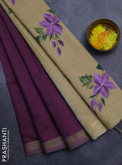 Linen cotton saree purple and sandal with plain body and hand painted pallu