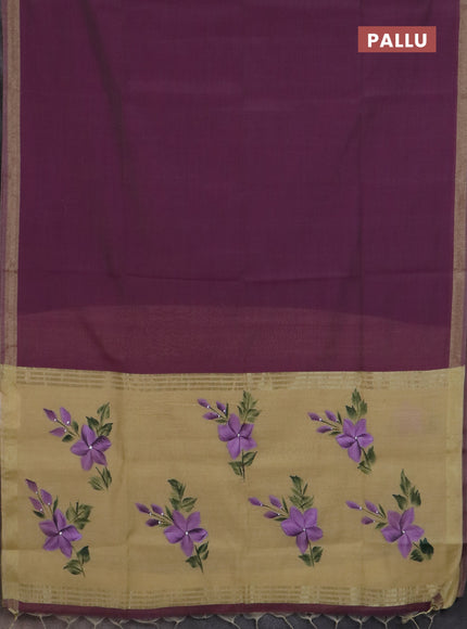 Linen cotton saree purple and sandal with plain body and hand painted pallu