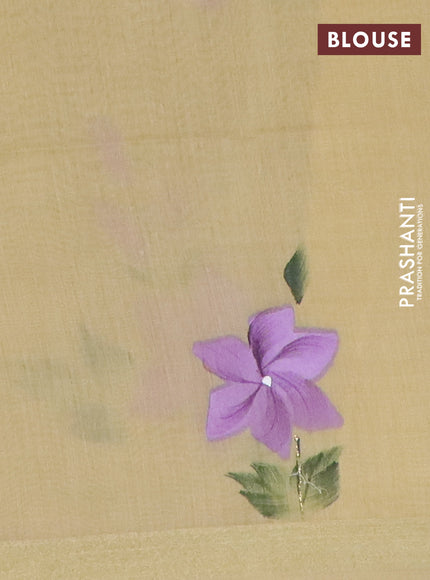 Linen cotton saree purple and sandal with plain body and hand painted pallu