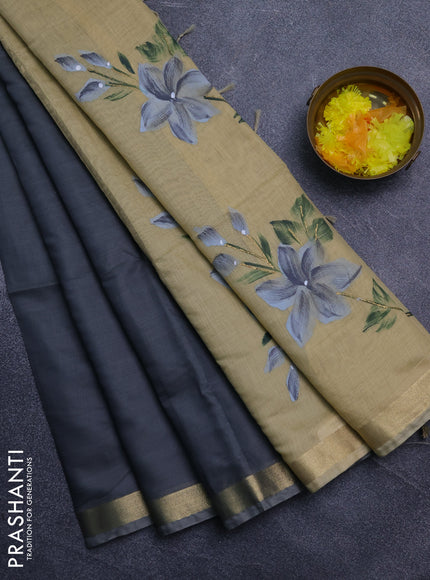 Linen cotton saree grey and sandal with plain body and hand painted pallu