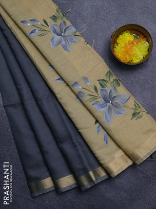 Linen cotton saree grey and sandal with plain body and hand painted pallu