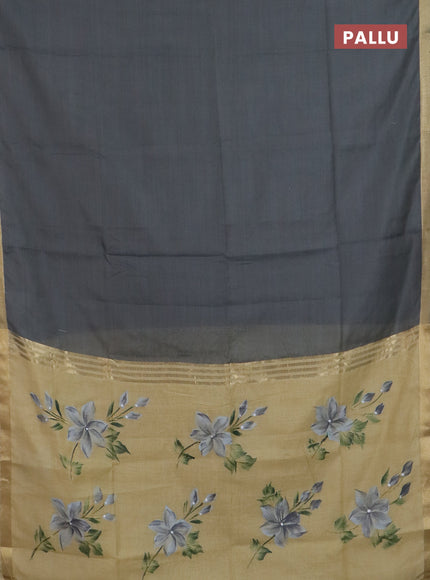 Linen cotton saree grey and sandal with plain body and hand painted pallu