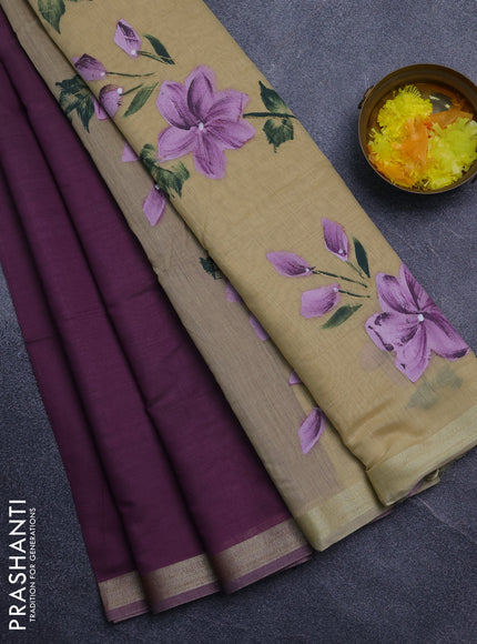 Linen cotton saree purple and sandal with plain body and hand painted pallu