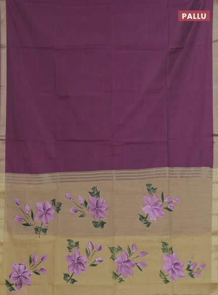 Linen cotton saree purple and sandal with plain body and hand painted pallu