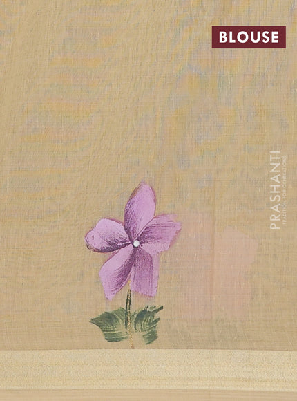 Linen cotton saree purple and sandal with plain body and hand painted pallu