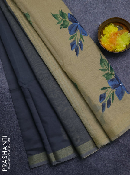 Linen cotton saree grey and sandal with plain body and hand painted pallu