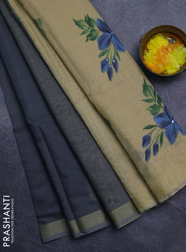 Linen cotton saree grey and sandal with plain body and hand painted pallu