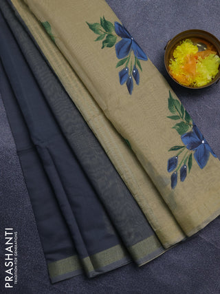 Linen cotton saree grey and sandal with plain body and hand painted pallu