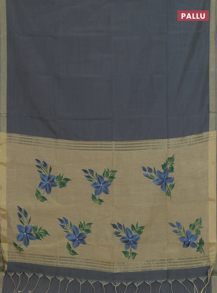 Linen cotton saree grey and sandal with plain body and hand painted pallu