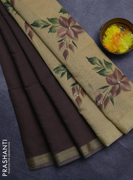Linen cotton saree dark beige and sandal with plain body and hand painted pallu