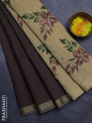 Linen cotton saree dark beige and sandal with plain body and hand painted pallu