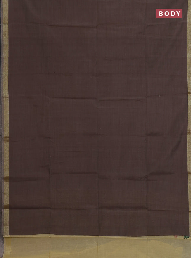 Linen cotton saree dark beige and sandal with plain body and hand painted pallu
