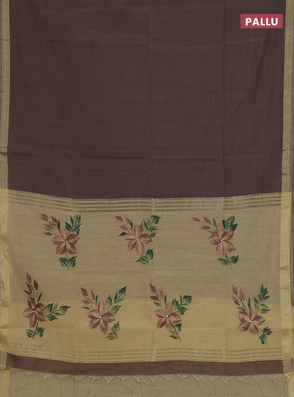 Linen cotton saree dark beige and sandal with plain body and hand painted pallu