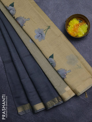 Linen cotton saree grey and sandal with plain body and hand painted pallu