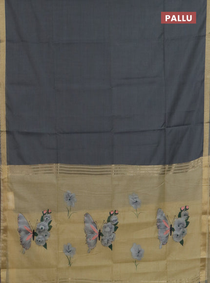 Linen cotton saree grey and sandal with plain body and hand painted pallu