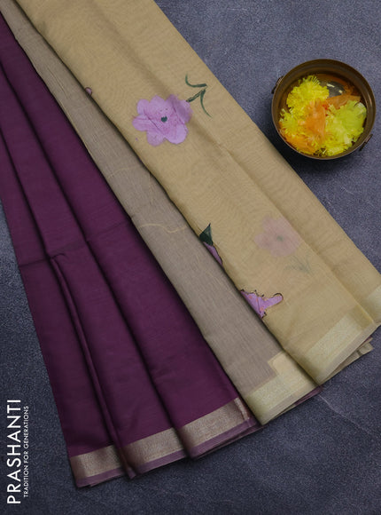 Linen cotton saree purple and sandal with plain body and hand painted pallu